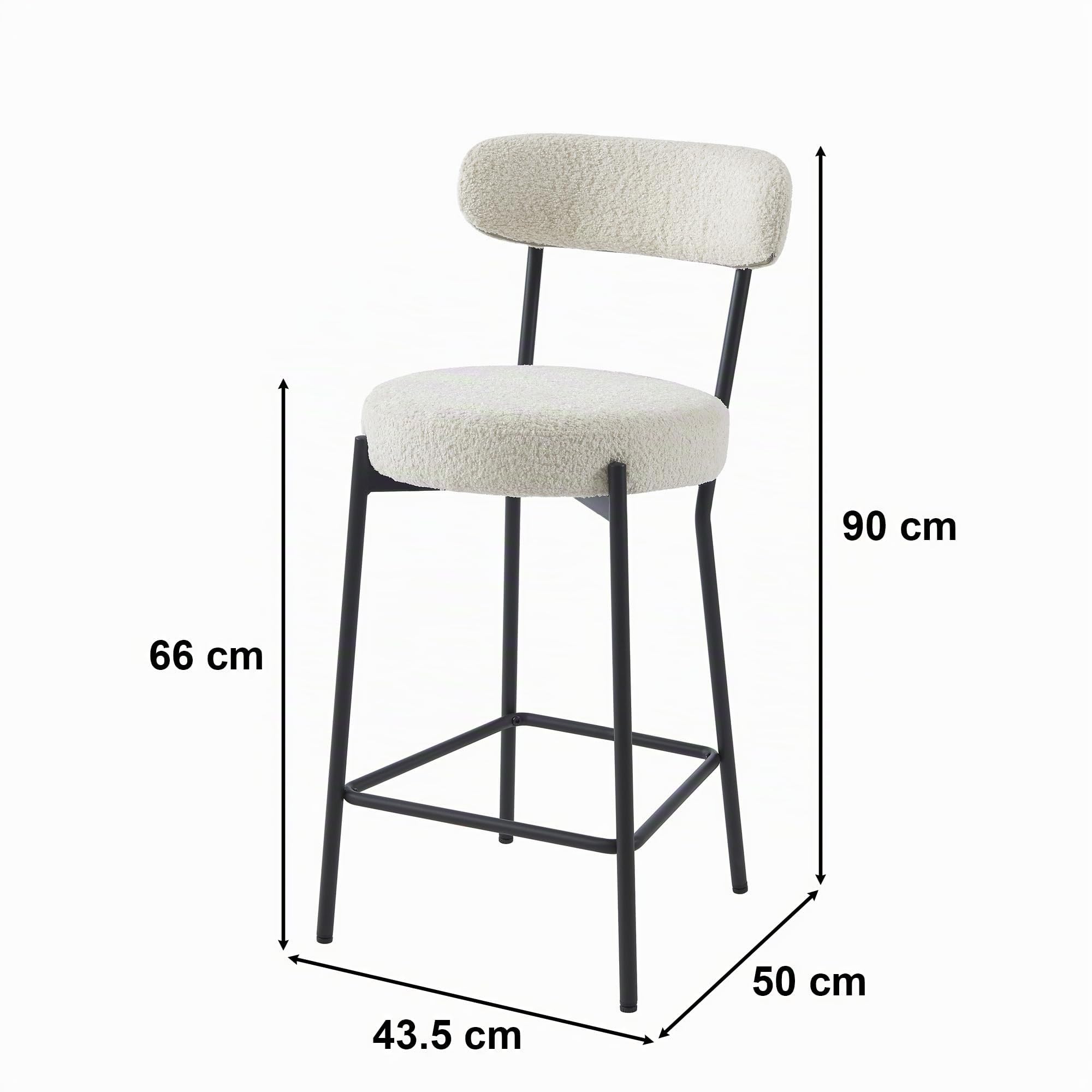 BAÏTA Set di 2 sgabelli da bar NOA in tessuto Bouclette bianco e gambe in metallo nero