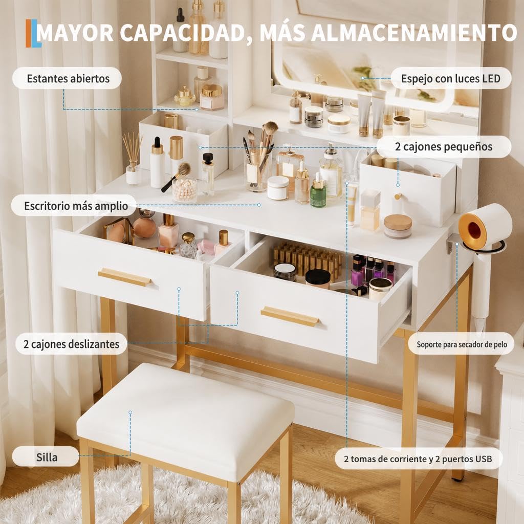 Garvee Tocador de Maquillaje LED Espejo 4 Cajones Carga USB con Taburete