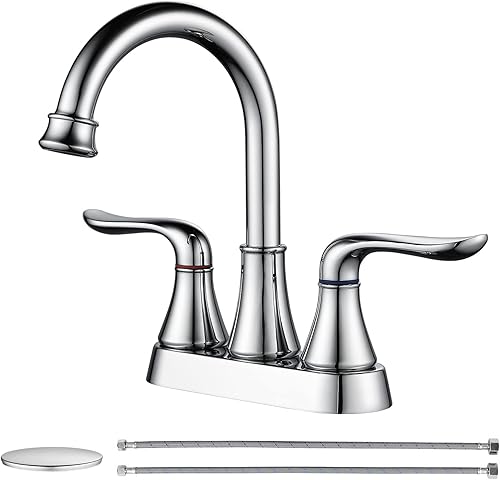 Miniatura 8 de Grifo de lavabo de baño de 4 pulgadas, 2 asas, juego central, grifo de baño de níquel cepillado con drenaje emergente y manguera de suministro