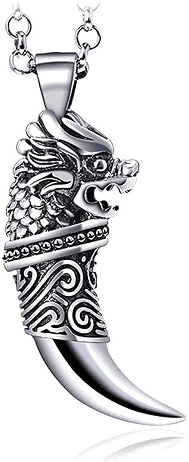 W-RNMW-RNM S925 Sterling Silver Dragon Head Wolf Tooth Pandant Men's Personality Europe and America Retro Wild Pendant Custom Jewelry Leather Rope Necklace (Color : Silver)