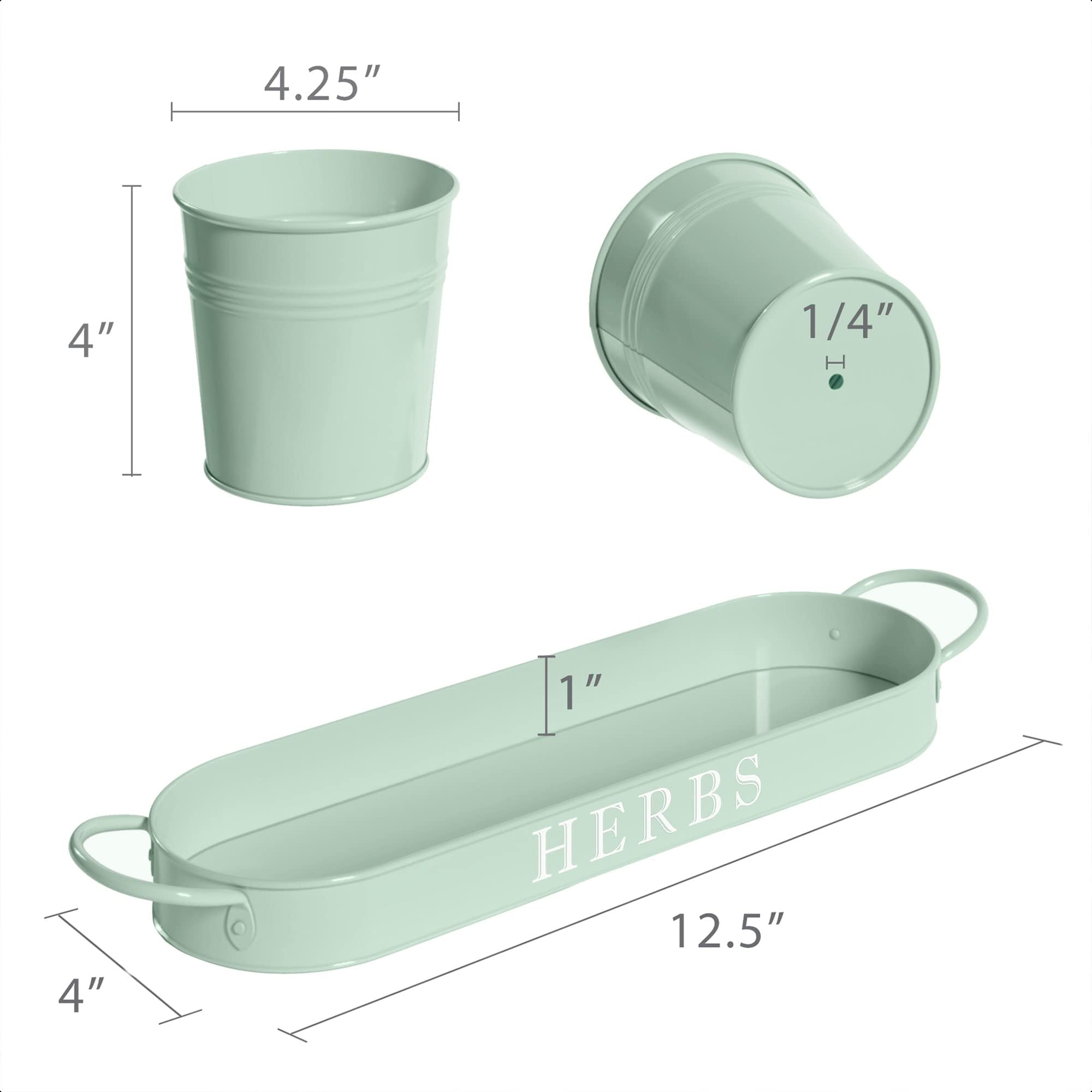 Barnyard Designs Herb Pot Planter Set with Tray for Indoor Garden or Outdoor Use, Soft Mint Metal Succulent Potted Planters, (Set of 3, 11 x 10cm Planters on 32 x 10cm Tray)