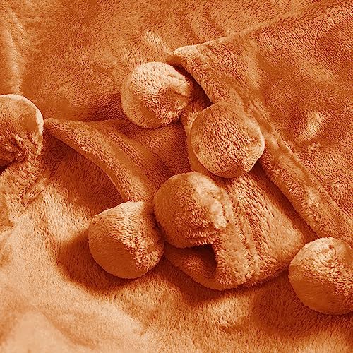 Bytide Pom Pom Throw Blankets Couch Cover Flannel Fleece Throw With Pompom Fringe Tassels, Plush Fluffy Cozy Warm Soft Lightweight Throw For Couch Sofa Bed Chair, 60" X 80", Burnt Orange #TOP2