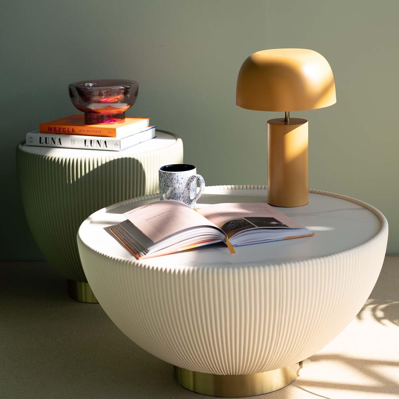 Kare Design Tischleuchte Loungy Curry, Gelb, Tischlampe, Stahlgestell, Metall Schirm, kein Leuchtmittel inklusive, E14, moderne Lampe, Designer Leuchte, Pilzlampe
