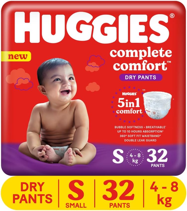 Huggies Complete Comfort Dry Pants Small (S) Size Baby Diaper Pants, 32 count, with 5 in 1 Comfort
