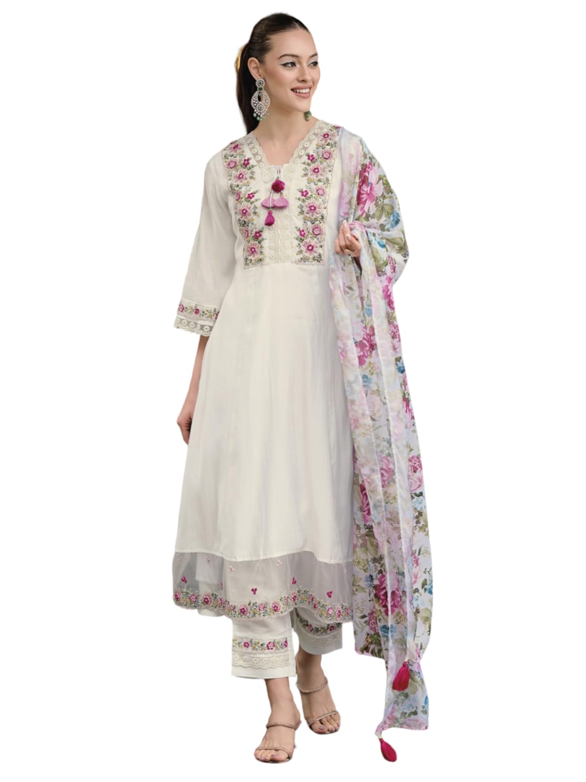 Kurti svasato da donna con ricamo Zari e Dupatta floreale - Set etnico da 3 pezzi
