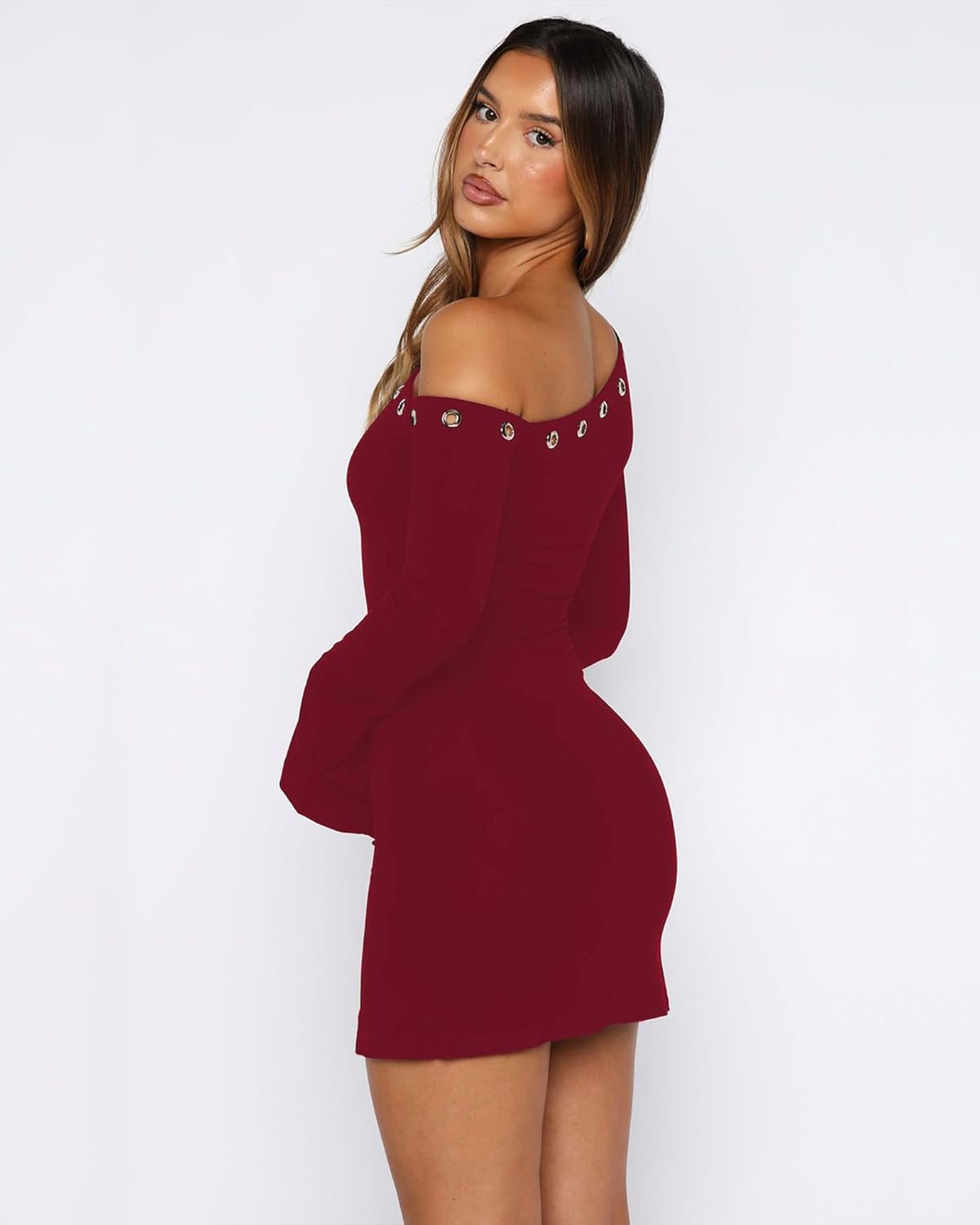 Women's One Shoulder Metal Ring Dresses Sexy Flared Long Sleeve Slim Fit Bodycon Going Out Club Party Y2K Mini Dress - Image 5