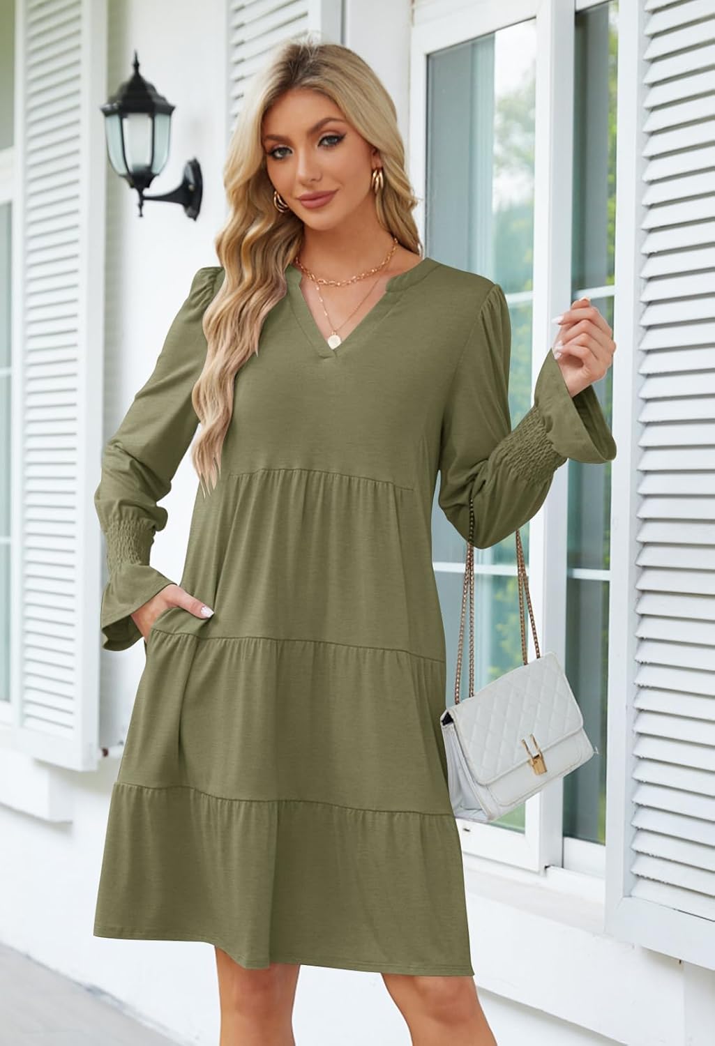 MEROKEETY Women's 2025 Long Sleeve Midi Dress V Neck Flowy Swing Ruffle Tiered Fall Casual Dresses - Image 4