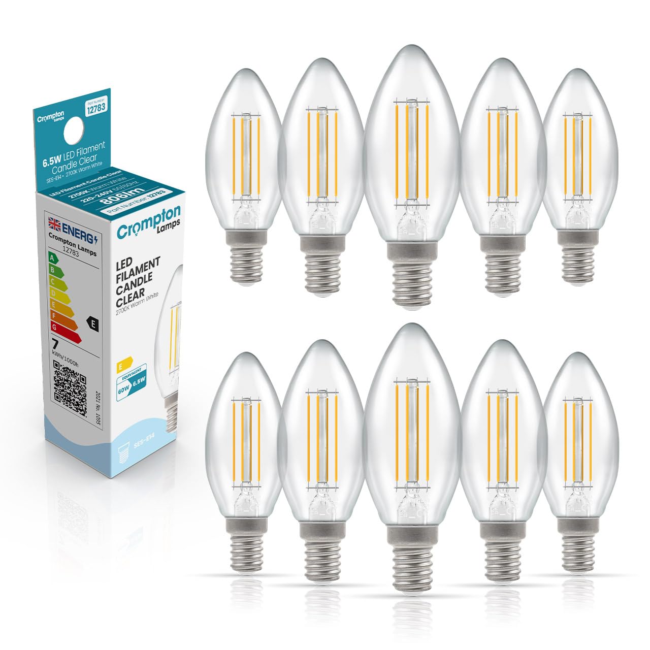 Crompton Lamps Filament Candle LED Light Bulb SES-E14 | 6.5W = 60W Equivalent | Warm White 2700K | Energy Efficient | Small Screw Lightbulb | Long Life 10000-Hrs | Clear Glass | 10-Pack