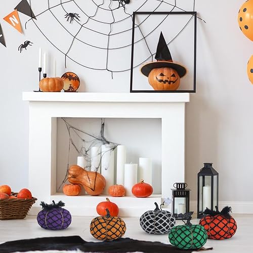 Miniatura 2 de Calabazas artificiales de Halloween, tela de algodón, calabazas de punto, color naranja y morado, centro de mesa de otoño para granja, cosecha de