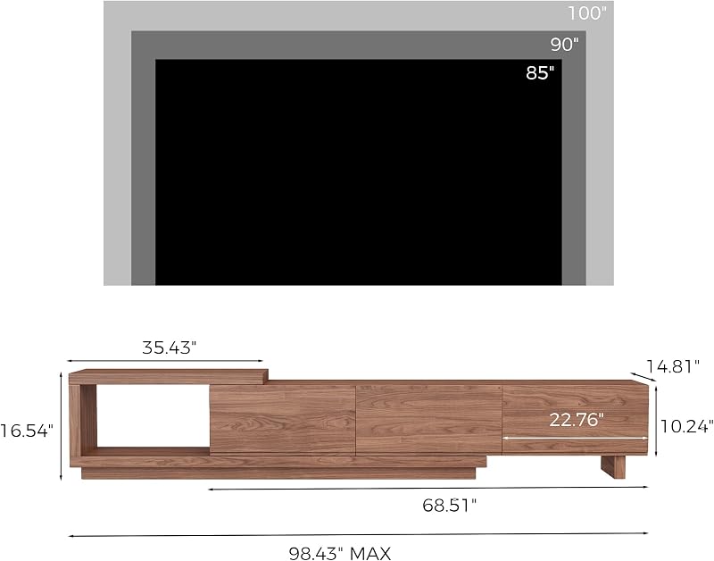 Extendable TV Stand for 65-100 Inches TVs – Walnut Entertainment Console with 3 Drawers & 1 Storage Compartment, Adjustable Length 68.5''-98.4'' (Walnut, 68.5''-98.4'') image 2