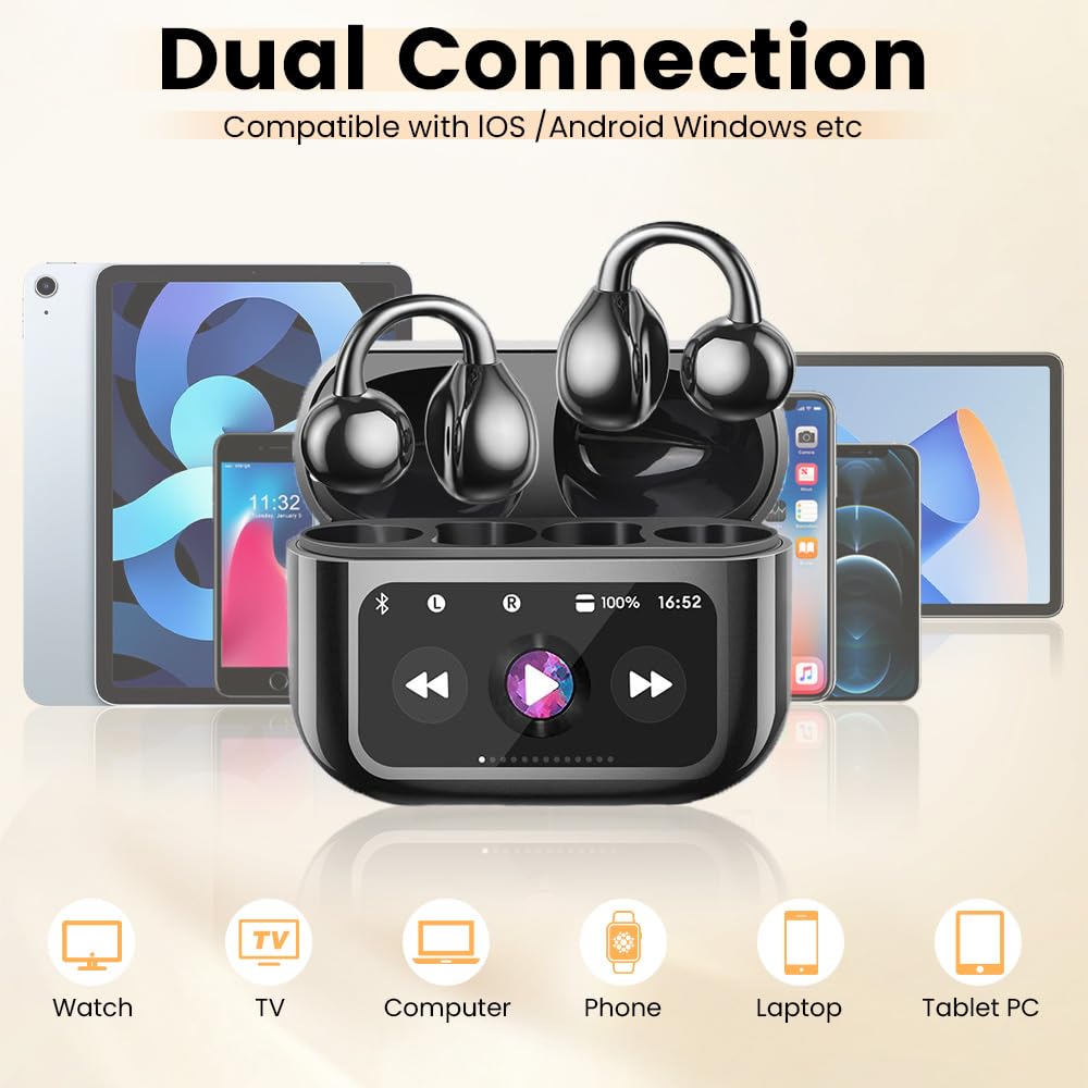 Cuffie a clip, auricolari aperti senza fili, Bluetooth 5.4, con clip e touchscreen LCD, leggere, comode, per tablet, laptop, telefoni Android/iOS, colore nero