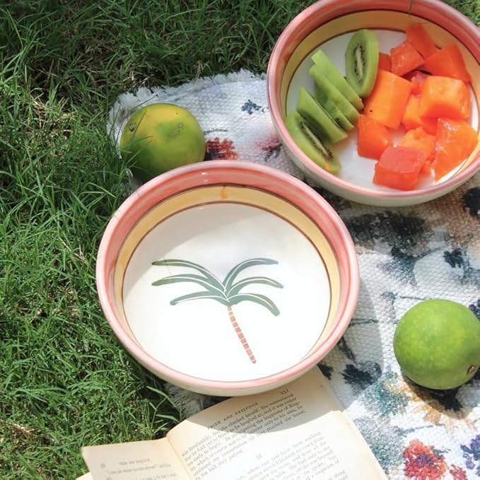Image of Ceramic Snack Bowl Set for Serving, Dessert & Fruits | Multipurpose Kitchen Bowls Set | Premium Aesthetic Small Serving Bowls Palm Tree | Pack of 4 | 700ml