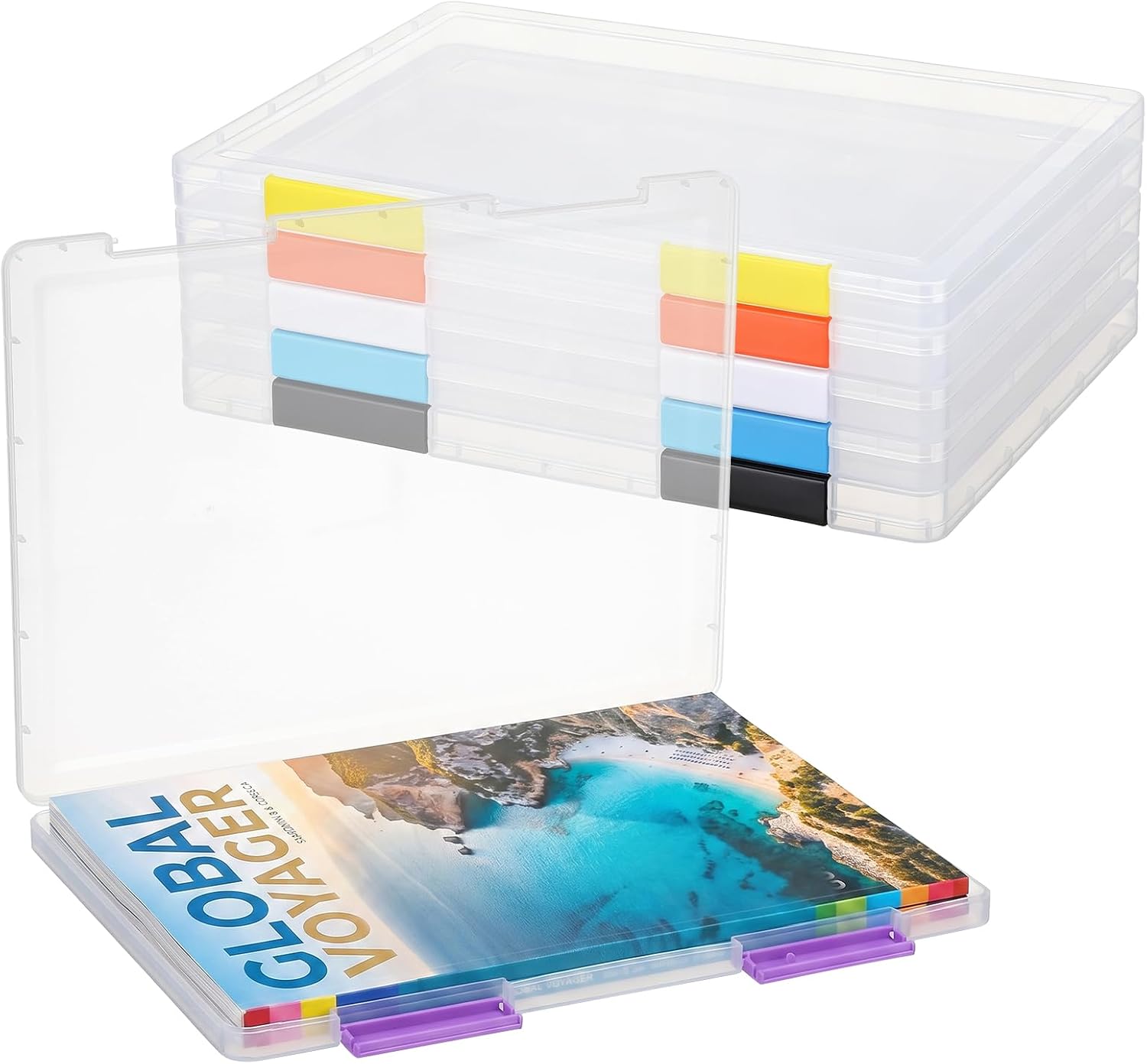 A4 Storage Box-8.5" x 11" Letter Size, 6 Pack Plastic File Document Organizer Case, Stackable Project Case for Photo, Magazine, Scrapbook, Jewelry, Beading, School, Office Supply, 6 Color