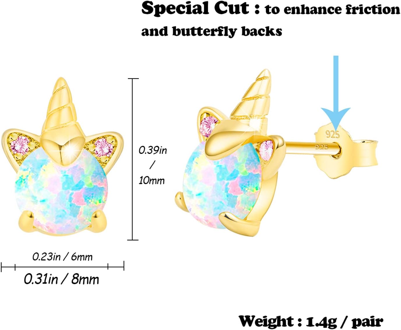 Unicorn Earrings for Girls, Hypoallergenic S925 Sterling Silver Earrings for Kids ARSKRO Small Tiny Cute Fire Opal Stud Earrings Jewelry Gifts for Sensitive Ears Little Toddlers Teen Girl - Image 6