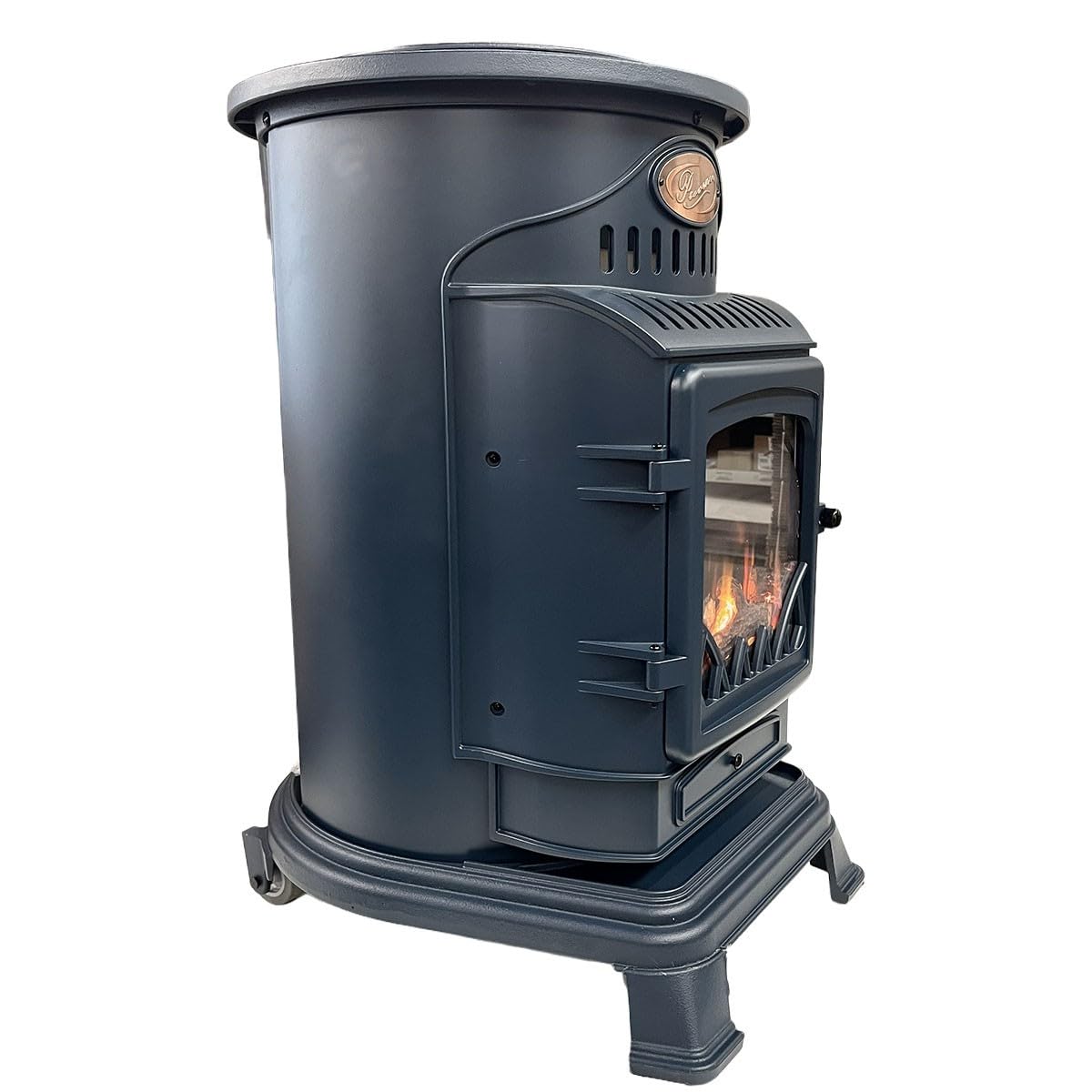 Sahara - Stufa a gas 3,4KW in ghisa vera – Riscaldamento supplementare Design Tradizionale Blu Zaffiro Opaco - Effetto fuoco di legna, mobile su ruote Provence