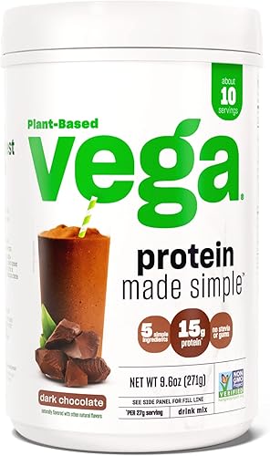 Vega Proteína hecha simple, chocolate negro, proteína vegana a base de plantas sin estevia, saludable, sin gluten, proteína de guisante para mujeres
