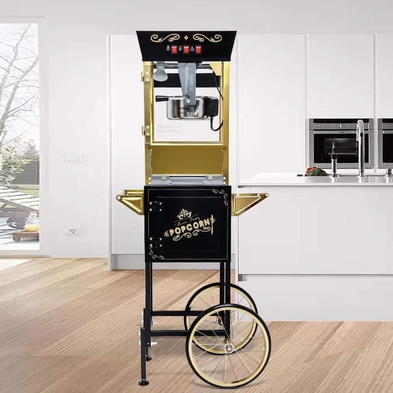Miniatura 8 de Máquina de palomitas de maíz de 12 onzas con carrito, máquina de palomitas vintage con soporte, ruedas, hervidor de acero inoxidable, cajón de