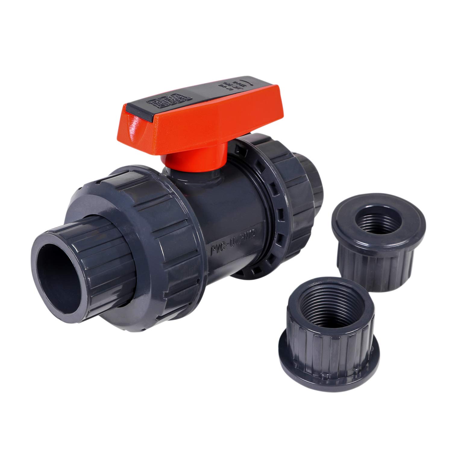 Midline Valve 482UT100 Heavy Duty PVC True Union Ball Valve Pink Handle 1'' FIP/Solvent Connections Grey Plastic, Gray