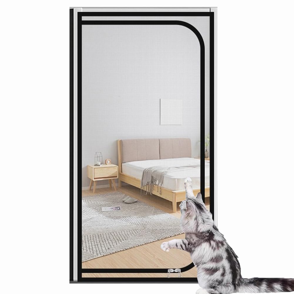 Yuly Custom Size Cat Screen Door Mesh,Cat Protection Door Net with Zipper,Self-Adhesive Anti-Mosquito Insect Netting,Prevent Cats Running Out From Home (Black-D)