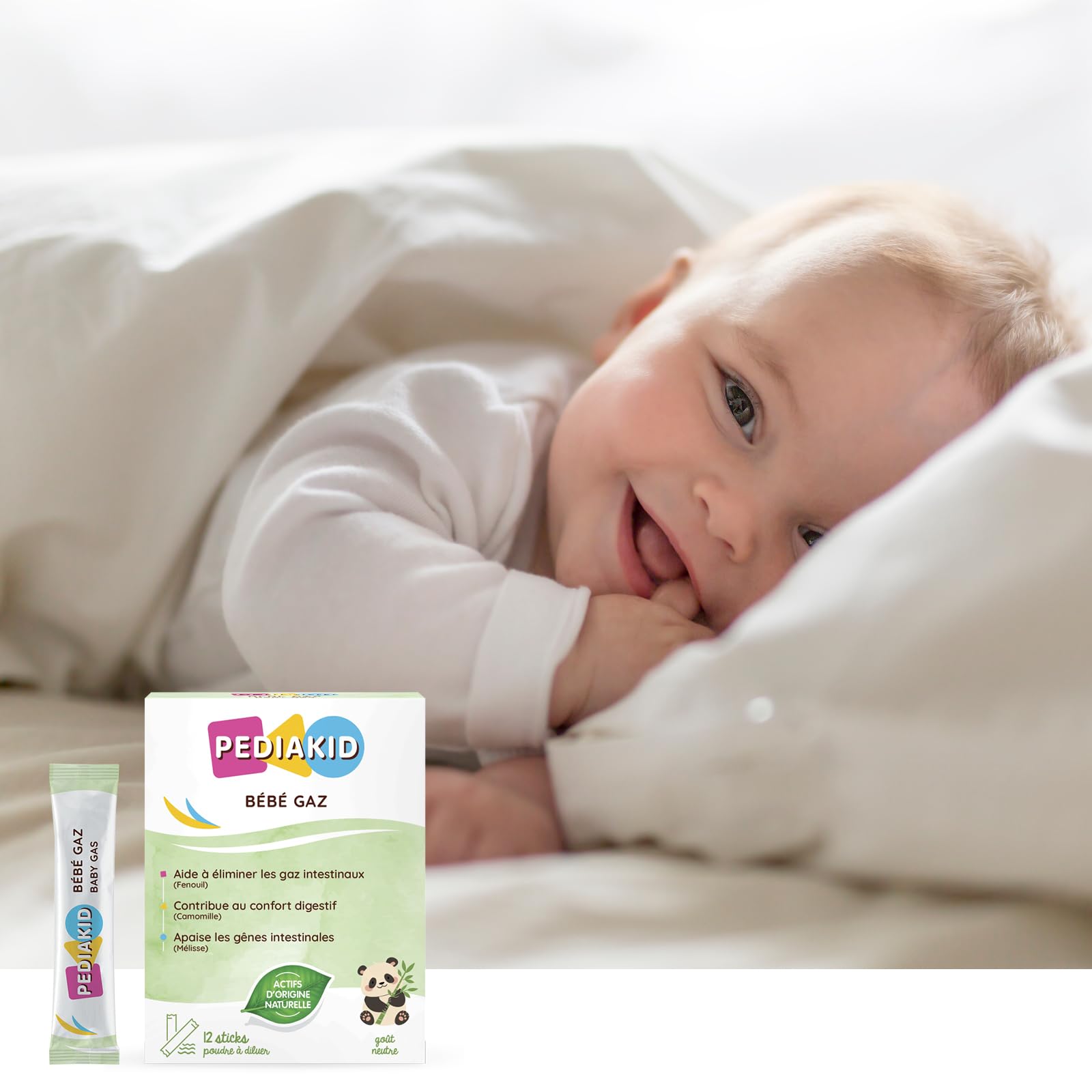 PEDIAKID - Bébé Gaz - Aux extraits de plantes & fibres - Aide à réduire les gaz et à améliorer le confort digestif - Dès la naissance - Format sticks de poudre à diluer facile à utiliser - Lot de 3