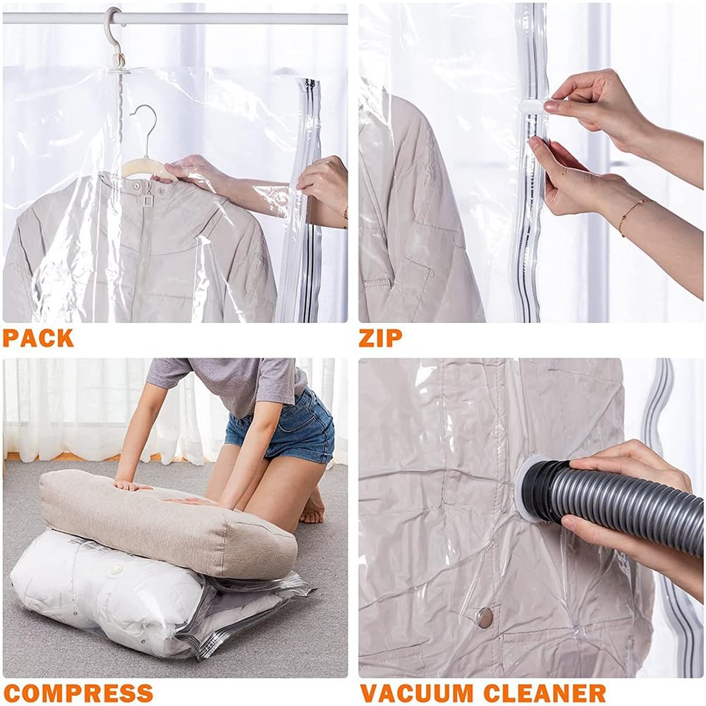 Vakuumbeutel für Kleidung Aufbewahrungsbeutel Hängende Vakuumierbeutel mit Handpumpe Kleiderbeutel Transparent mit Haken für Bettdecken Mäntel Jacken Anzüge Reisen Umzug 70x105cm 10 Stück