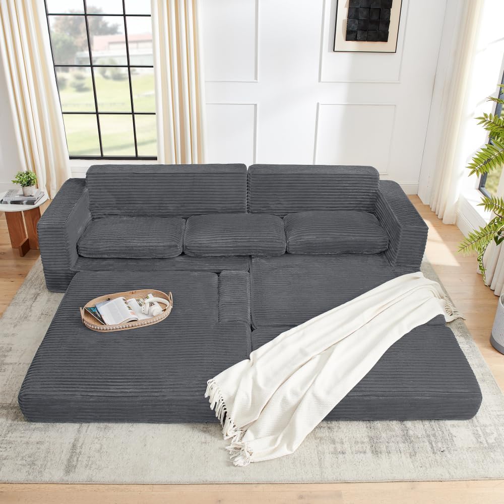 Right Sofa seat,L Shape Modular Sectional Sofa, Compressed Sectional Sofa Modern Minimalist Style Corduroy Couch,Unfold into a Bed, Bedroom, Comfy Compressed Sofa Couch Space-Efficient Design