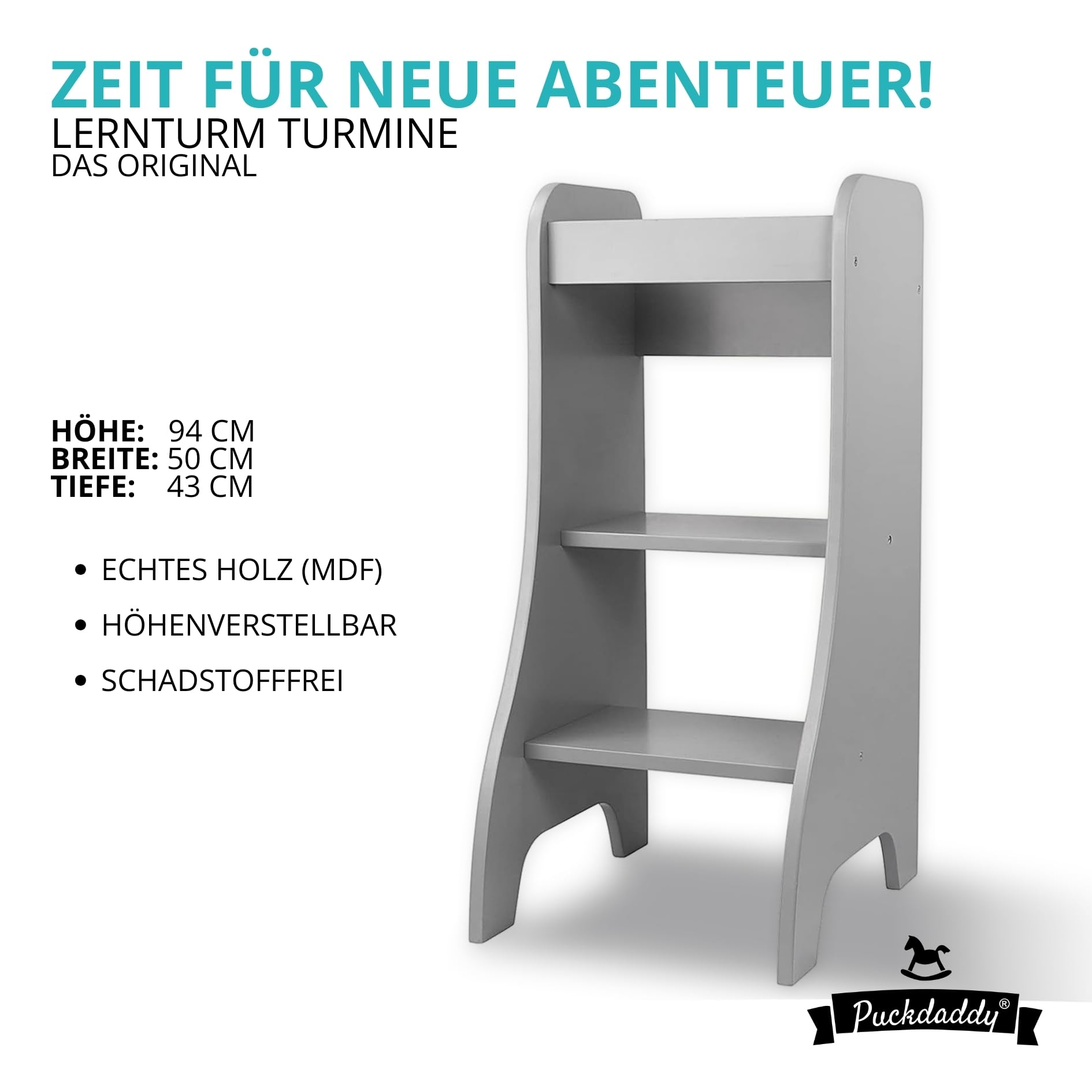 Puckdaddy® Montessori Lernturm Turmine, Weiß, Entdeckerturm, Tritthocker | Montessori Lernturm, MDF, Weiß, Entdeckerturm ab 1 Jahr, Kippschutz, bis 40 kg, Maße 43×50×94 cm