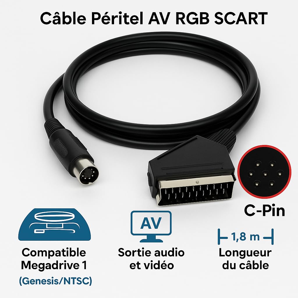 Câble Péritel AV RGB SCART pour Sega Megadrive 1 version C-Pin – Compatible Genesis JAP/US – Haute Qualité Audio/Vidéo – 1,8 m