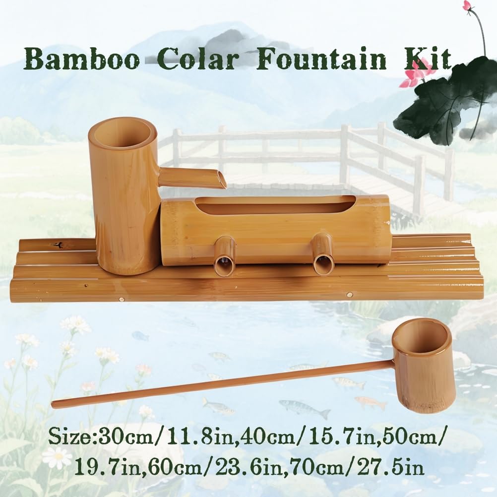 Kit Fontana Solare in bambù con Pompa, Decorazione in bambù Resistente alle spaccature, Cascata Giapponese in bambù per terrazza, Cortile, laghetto, Giardino,30cm