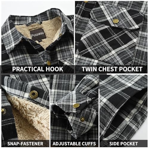 Image of Men's Sherpa Cotton Flannel Shirt Jacket Plaid Button Coat Pocket