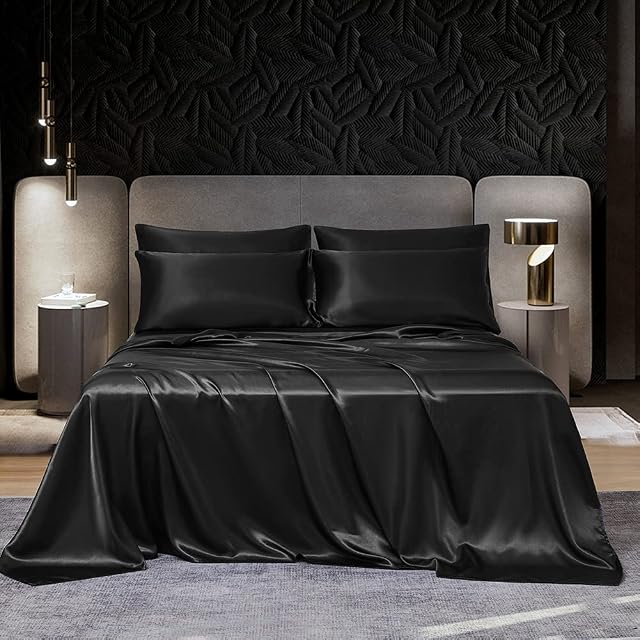 DuShow Black Satin Bed Sheets,Double Size Sheets Set,Satin Silky 4 Pieces Bed Sheet Set with 15" Deep Pocket Fitted Sheet, 1 Soft Flat Sheet,2 Satin Pillowcase(Black Double)