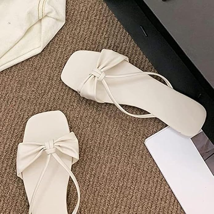 Image of Women's Bow Knot Slip-on Sandals, Open Toe Summer Flats, Cute Sandals for Women Streamlined Fashion Spring and Summer Women Slippers Bow Flat Large Size Elegant Style Casual Beach Shoes