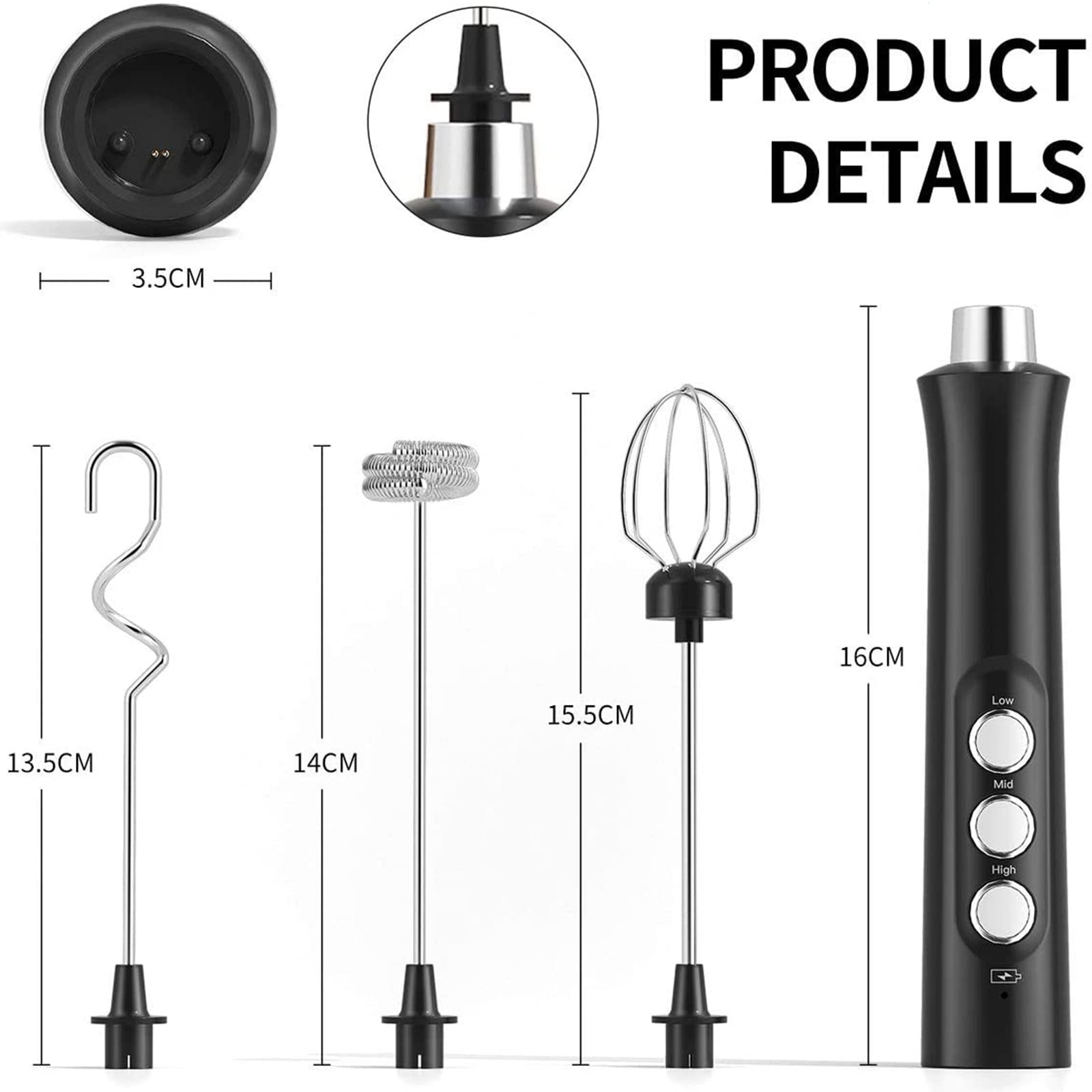 Montalatte Elettrico USB Ricaricabile, con 3 Velocità Regolabili & Frusta Inossidabile, Adatto per Cappuccino, Latte, Bulletproof Coffee, Uova, Proteine in Polvere, Matcha