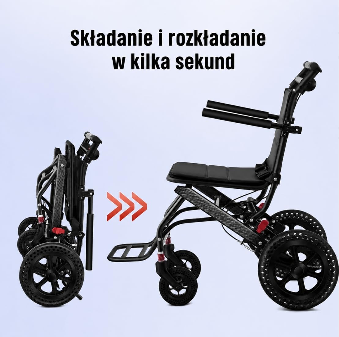 Lekki wózek transportowy składany 10,5 kg z amortyzacją i hamulcami, kompaktowy wózek inwalidzki do podróży i codziennego użytku, zdejmowane wodoodporne siedzisko i oparcie