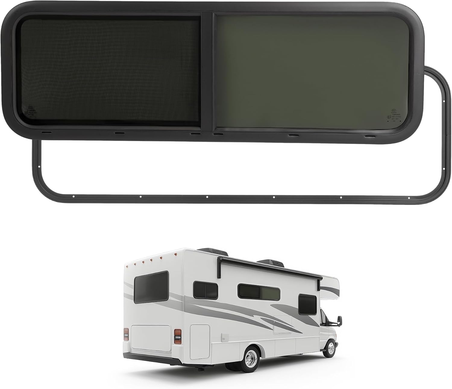 Wutist 48"W x 15"H RV Window Universal W/ Trim Ring and Mesh Screen Sliding Tear Drop Window Dark Tempered Glass Aluminium
