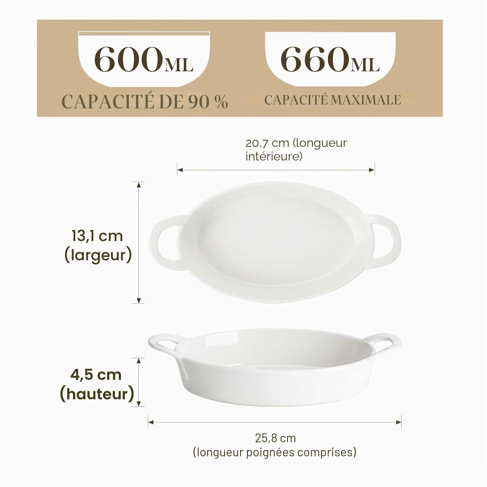 MALACASA Série BAKE, 4 Pièces Moule à Soufflé avec Poignées, 670ml Plats à Gratin Individuel, Plats à Four en Céramique pour Brûlée, Quiché, Tarte, Pasta-20.7cm, Ovale(Blanc)