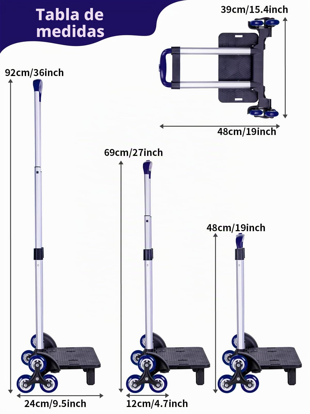 PROTAURI Carro Plegable para Mochilas Escolares - Carro de Mano con Ruedas para niños, Mochila Escolar, Equipaje de Viaje con Hebillas (6 Ruedas Azules)