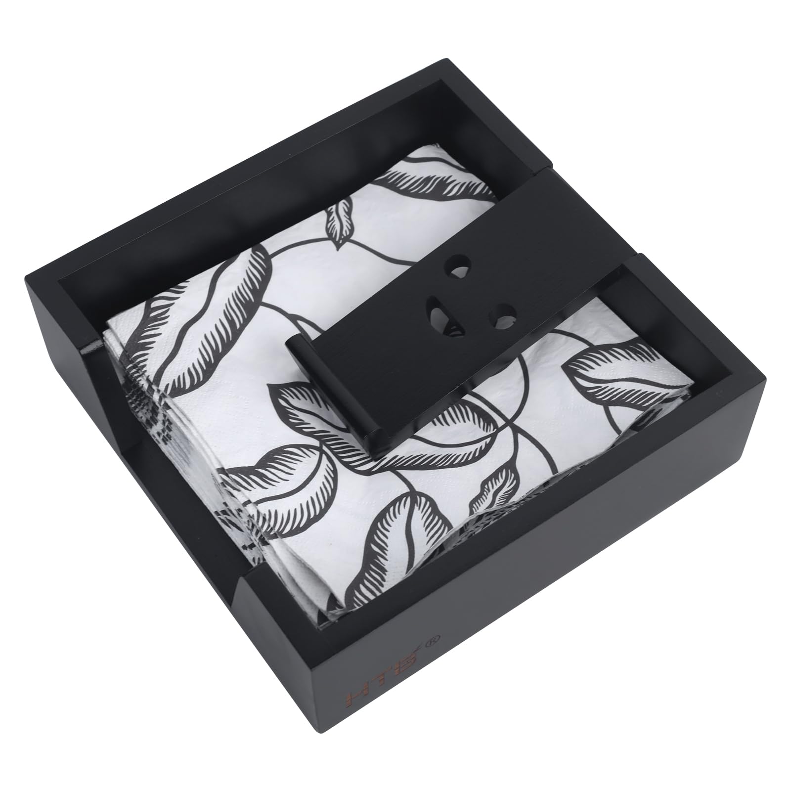 Bamboo Flat Napkin Holder with Weighted Arm Decorative Napkin Tray Dispenser for Table Kitchen Bathroom Dinning (black)