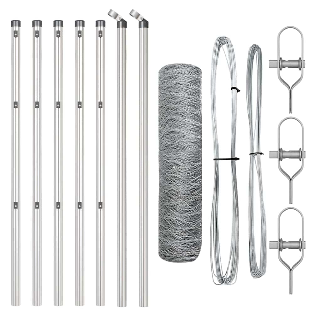 Steel Garden Fence Post Set Silver 10 x 0.6 m 50 mm Mesh Outdoor Security Barrier for Yard Terrace Enclosure Corrosion Resistant Rectangle Posts with 7 Poles 1 Panel Assembly Required
