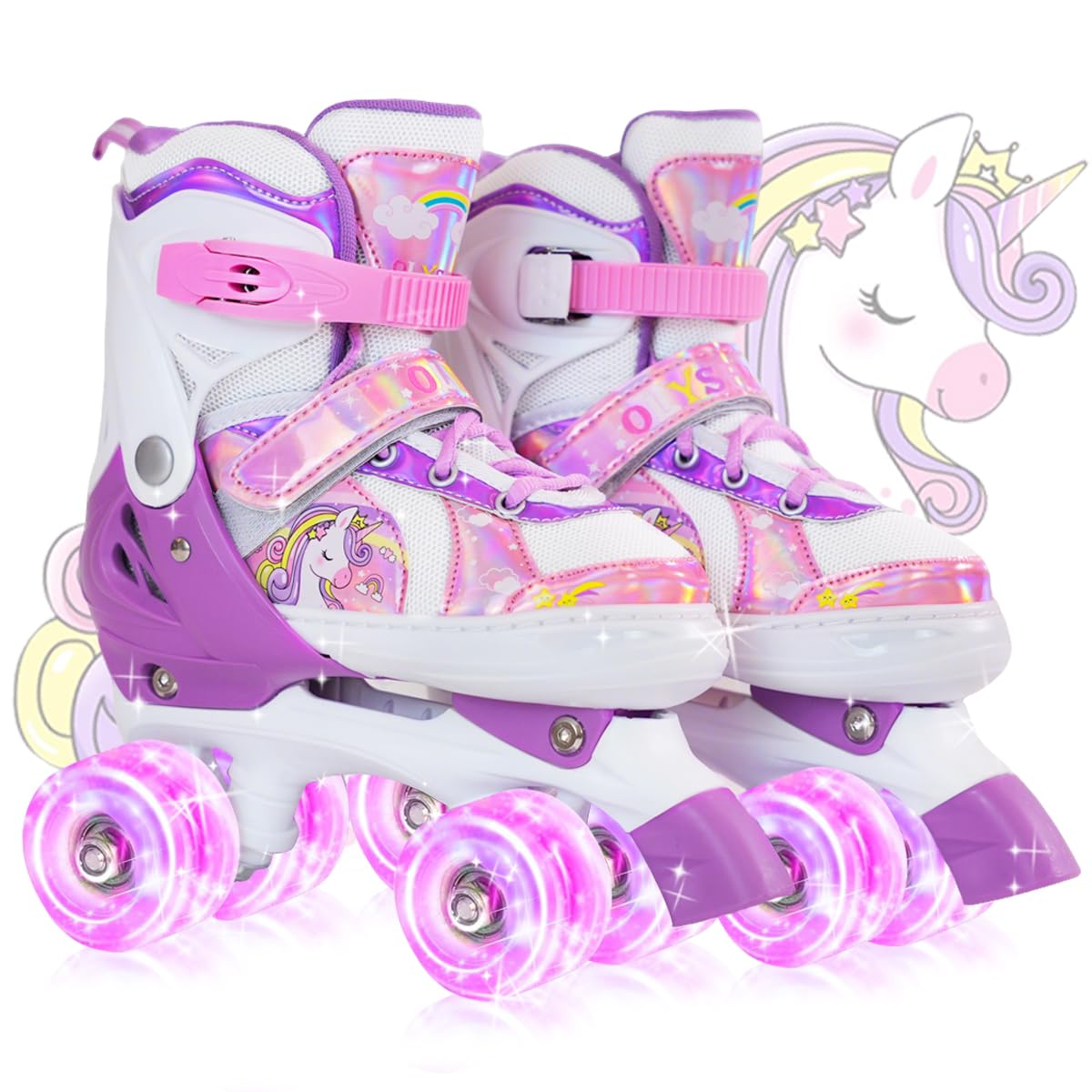 OLYSPM Girls' Roller Skates with 4 Wheels, Adjustable Roller Skates in 4 Sizes with 8 Flashing Wheels for Children, Girls and Beginners