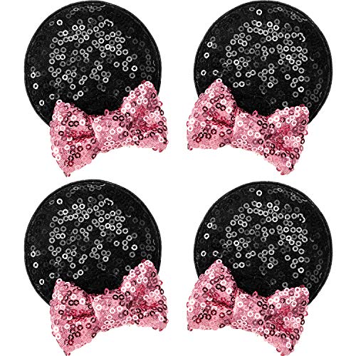 2 Pairs Mouse Ears Clips Sequin Mouse Ears Barrettes Bow Ears Clips Glitter Hair Accessories for Theme Costume Party Favor Decoration (Pink)