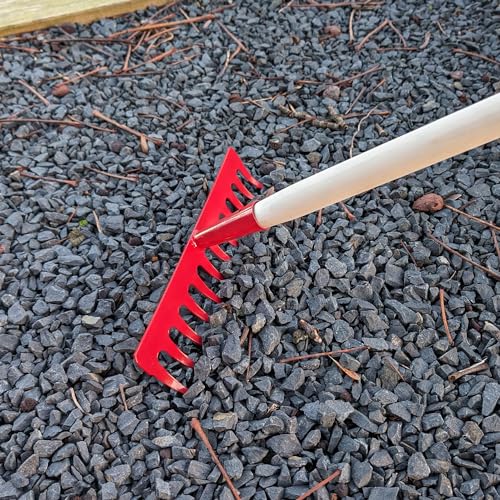 Garten Gerät Harke Rasen Boden Erde Rechen 12 Zinken Metall rot Gartenrechen 28 cm mit Holz Stiel