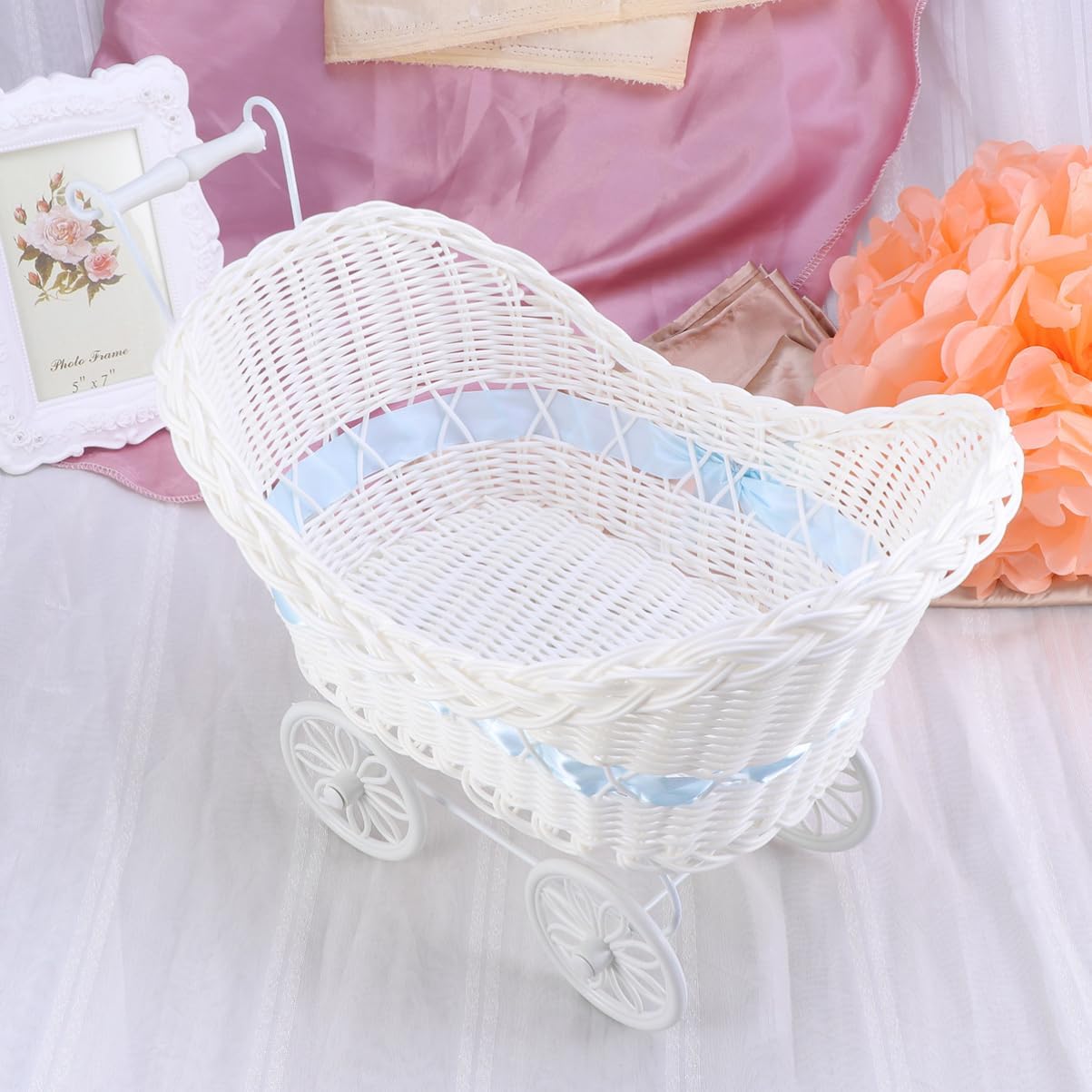 Cabilock 1pc Blue Rattan Stroller Flower Basket Mini Tricycle Decor for Weddings Showers and Birthdays Charming Knitted Ornament for Home and Party Display