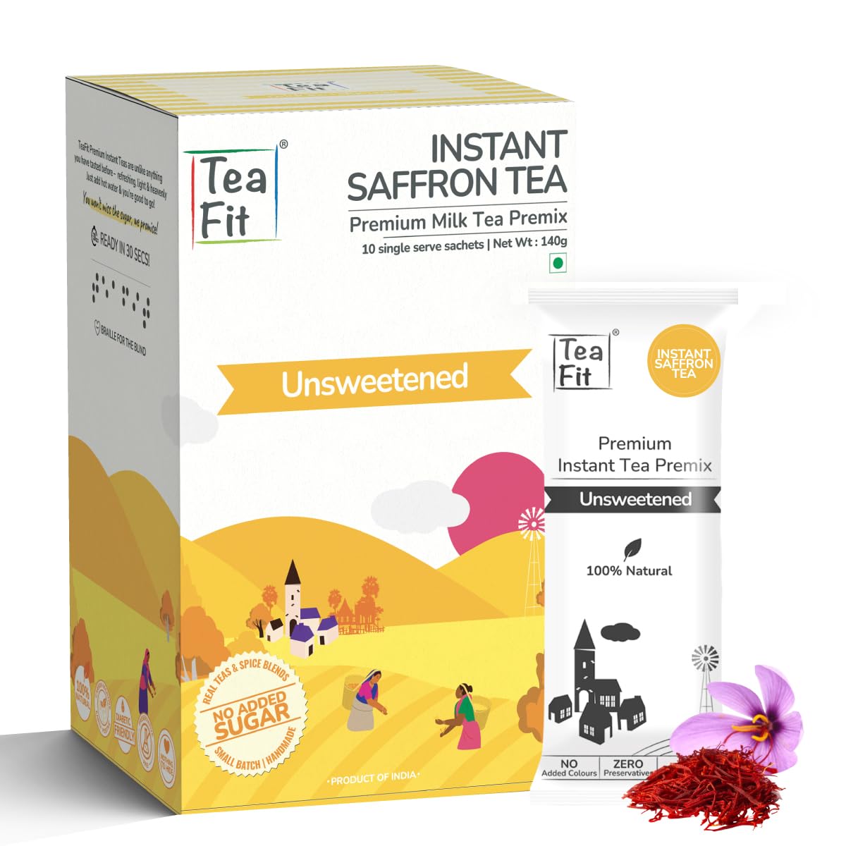 Premium NO SUGAR Instant Saffron Tea Premix | Pack of 20 Sachets (280gm) | Real Milk & Saffron | Home Style Kesar Chai | Milk Tea Premix | Diabetic Friendly | No Added Sweeteners