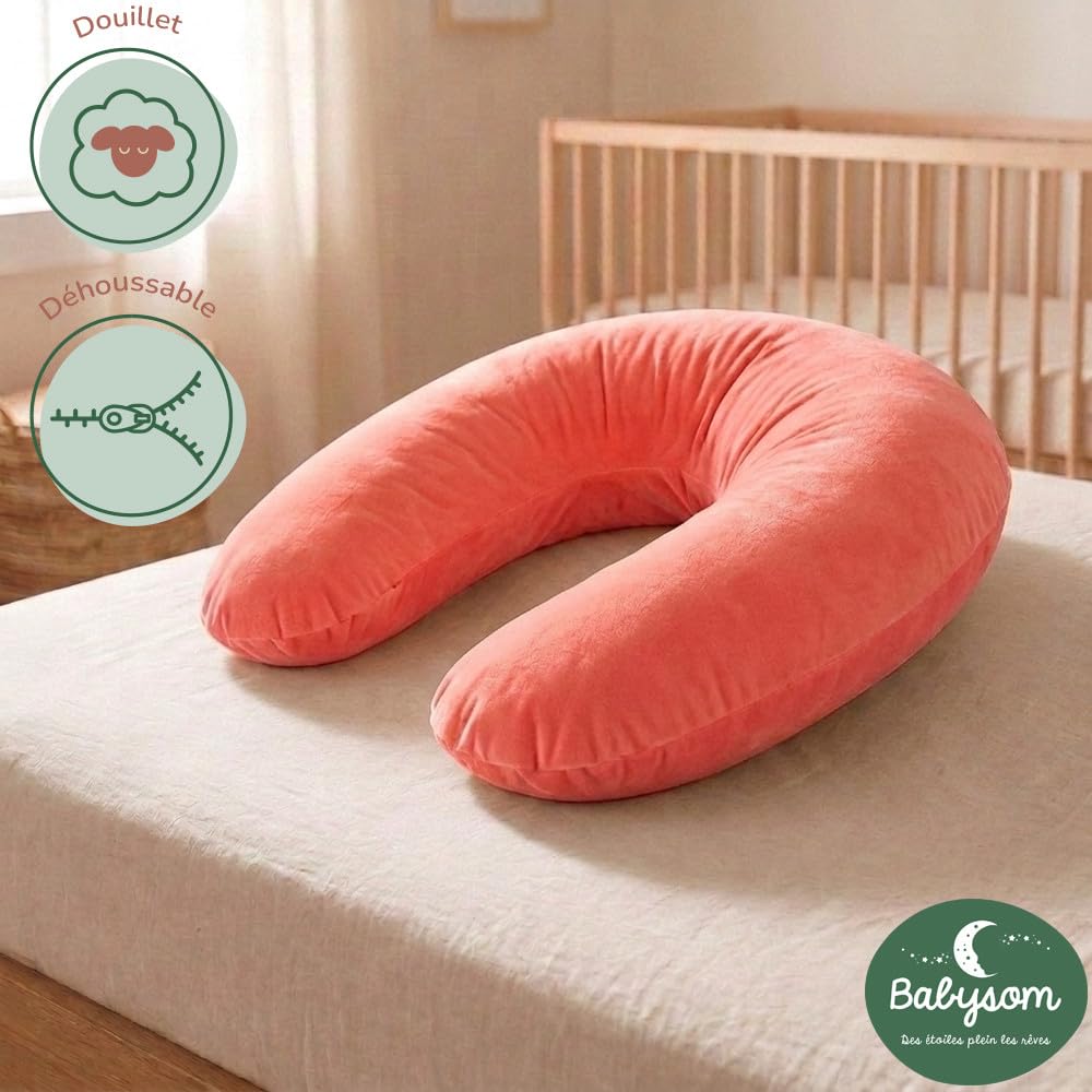 Babysom Pack Coussin de Maternité Évolutif - 2 Housses Incluses (Coton Fleur Corail & Velours Ultra-Doux) + Charlotte Cocon Bébé - Idéal Grossesse & Allaitement - Certifié Oeko-Tex - XXL 170cm