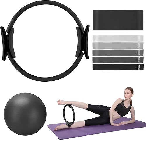 Miniatura 7 de TOPZGLEEY Juego de anillos de pilates  Círculo mágico antideformación de 14 pulgadas con asas acolchadas, mini bola, 5 bandas de resistencia, guía,