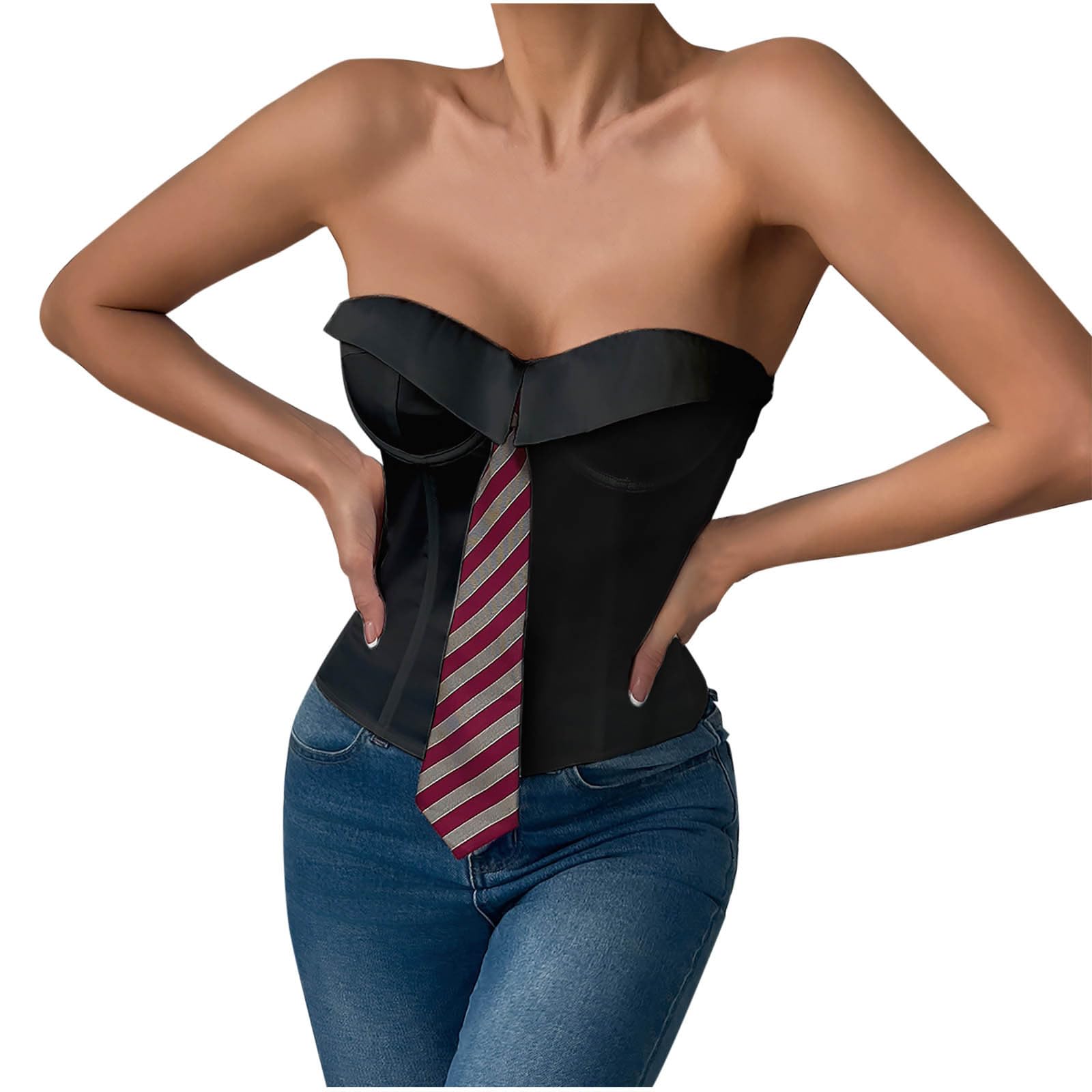 Sinzelimin Womens Corset Tops Fashion Boned Underbust Tie Corset Sleeveless Strapless Tube Top Back Lace Up Shapewear Tops