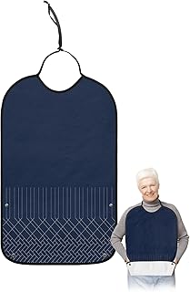 Navy Blue Adult Bib for Eating with Crumb Catcher,Washable & Waterproof Terry Cloth Adjustable Elderly Women Men Adult Bibs Funny Apron Clothing Protector Abstract Minimalistic Geometric Stripes