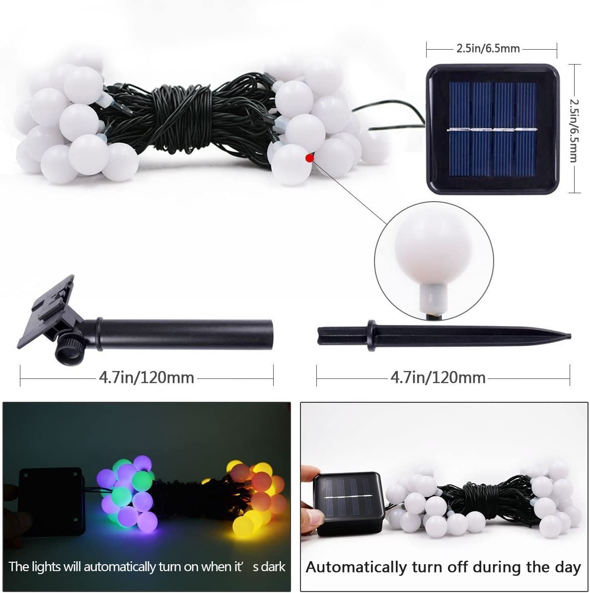 Solarny łańcuch świetlny, 60 diod LED, 11 m, łańcuch świetlny solarny, mini kula, dekoracyjne światła, 8 trybów, wodoodporne/z pilotem zdalnego sterowania, świąteczne lampki USB, do wewnątrz, na zewnątrz, do ogrodu (wielokolorowe)
