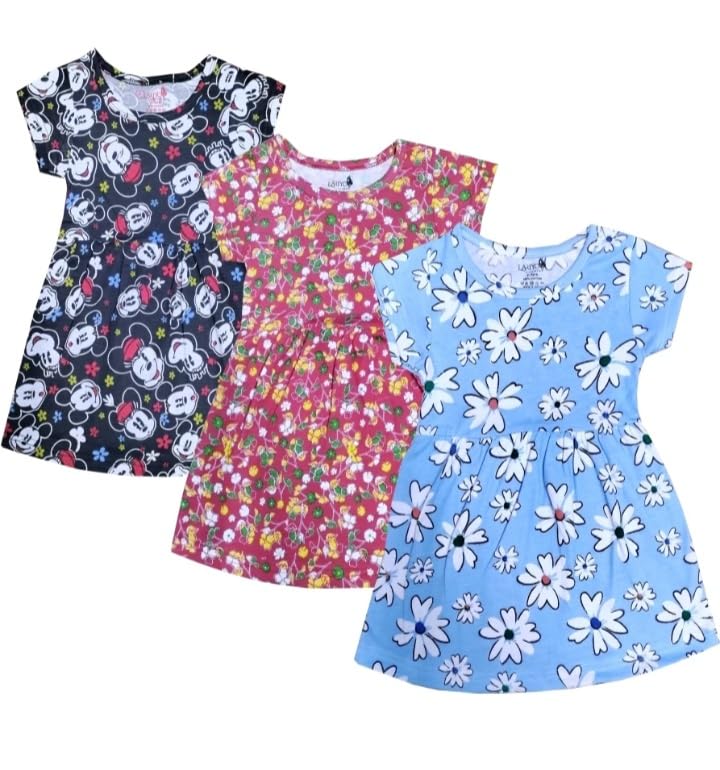 Image of Girls Pure Cotton Casual Round Neck Regular feet Multi Color Girls Gown Dress Half Sleeve Set of 3 pcs